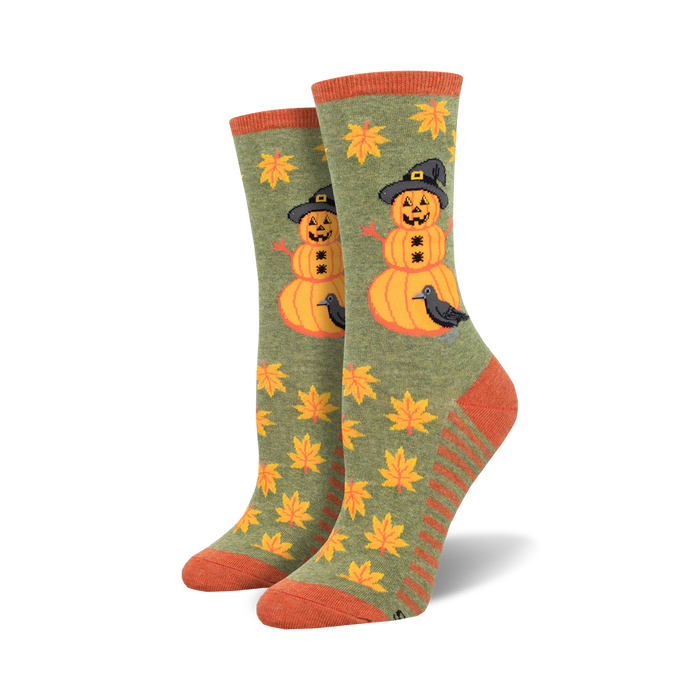 Close-up shot of Pumpkinman socks in olive green showing the detail of the design.