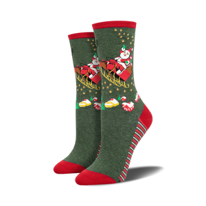 Lifestyle shot showing the green 'Sleighing It' Christmas socks on a model's feet.