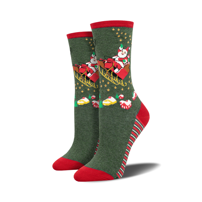 Lifestyle shot showing the green 'Sleighing It' Christmas socks on a model's feet.