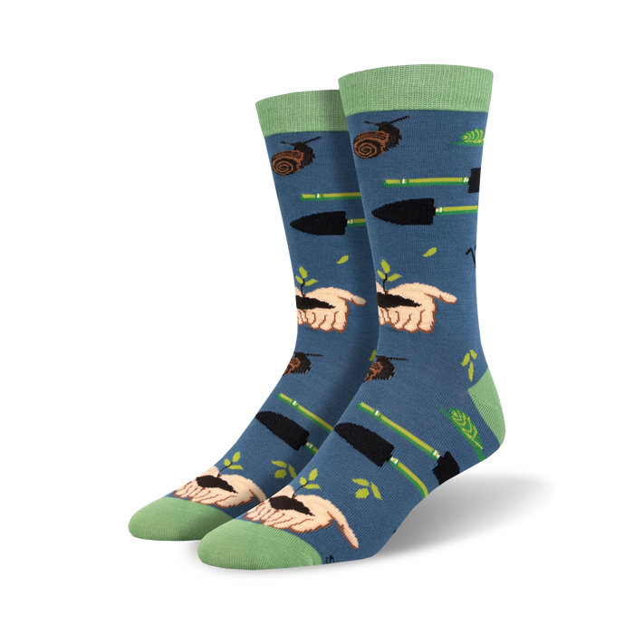 blue crew socks with illustrations of hands holding green plants, bamboo stalks, and gardening tools.    }}