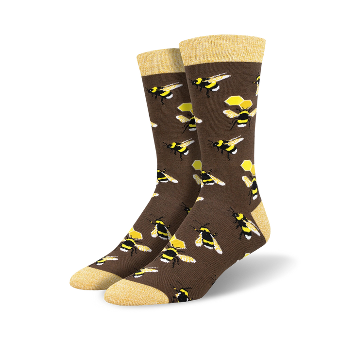brown bamboo socks with bees and honeycombs called honey in the bank for men.   }}
