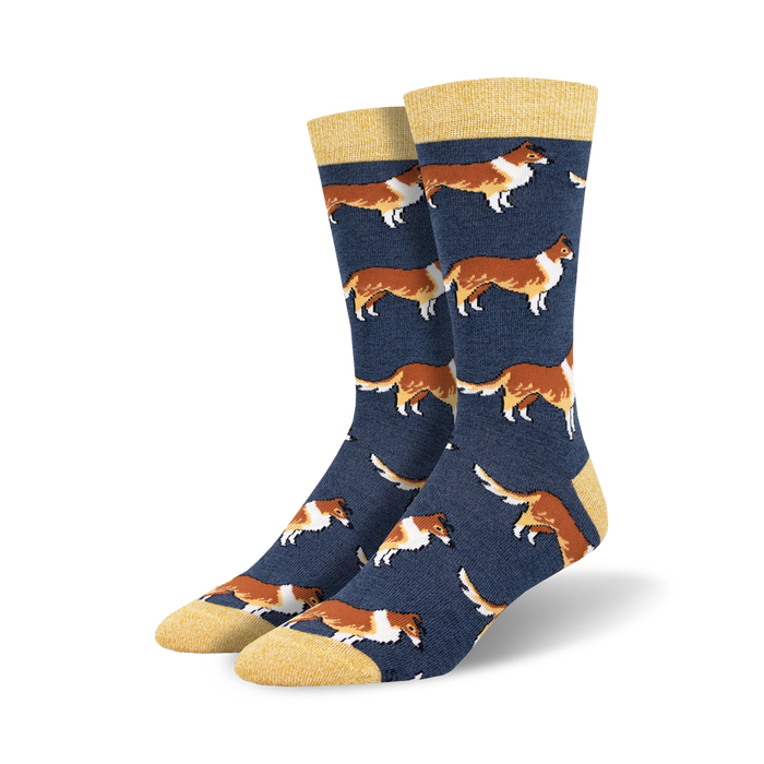 men's blue crew socks with cartoon pattern of brown and white collies.   }}