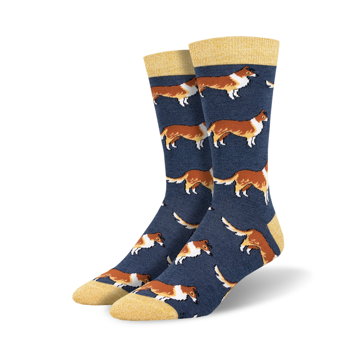 Pair of navy blue crew socks featuring a repeating pattern of brown and white Collie dogs. Socks have a yellow cuff. }}