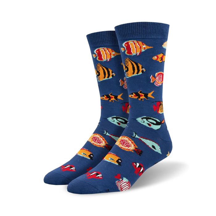 Pair of crew socks in blue featuring colorful tropical fish. Bamboo blend material. Fun and vibrant design. }}