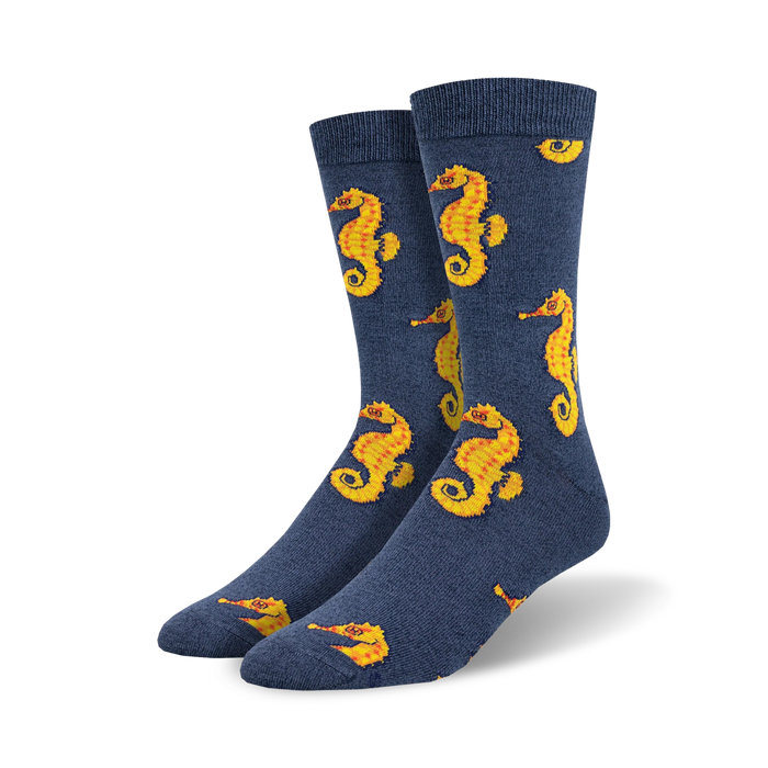 navy blue crew length seahorse pattern men's socks    }}