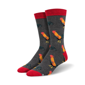 mens crew socks with rooster pattern and red toes and cuffs.   