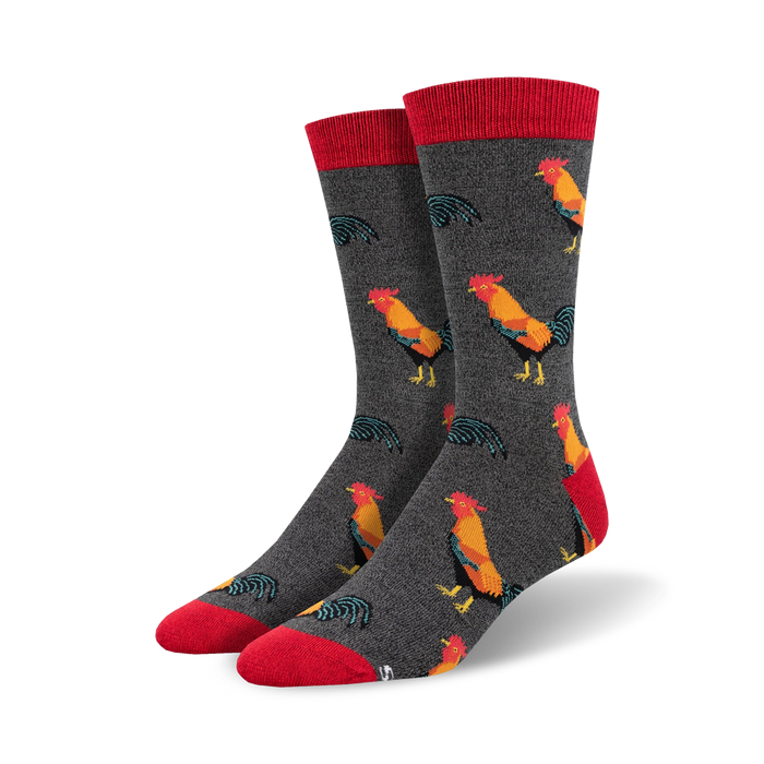 mens crew socks with rooster pattern and red toes and cuffs.   