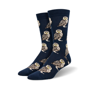 Close-up showing the Burrowing Owl Bamboo socks in navy blue.