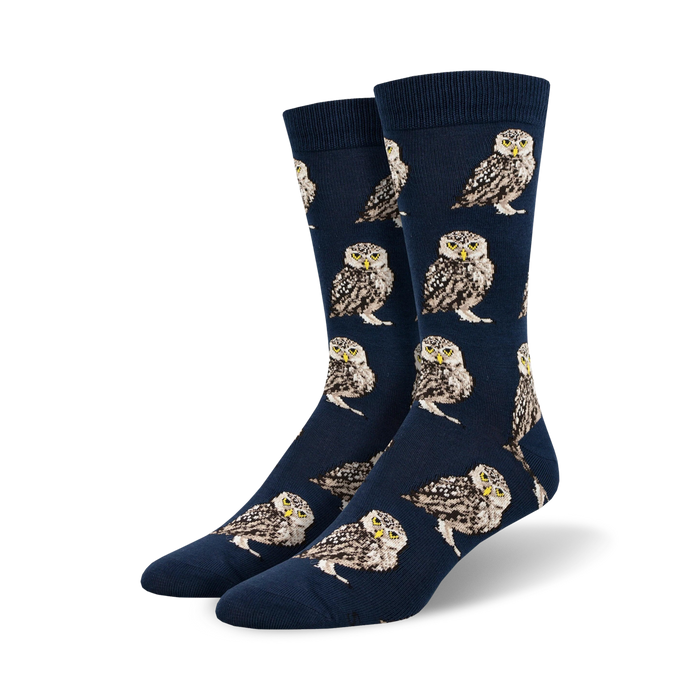 Close-up showing the Burrowing Owl Bamboo socks in navy blue.