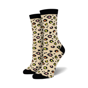Pair of cream and black leopard print bamboo crew socks.  Features pops of pink and yellow in the print.
