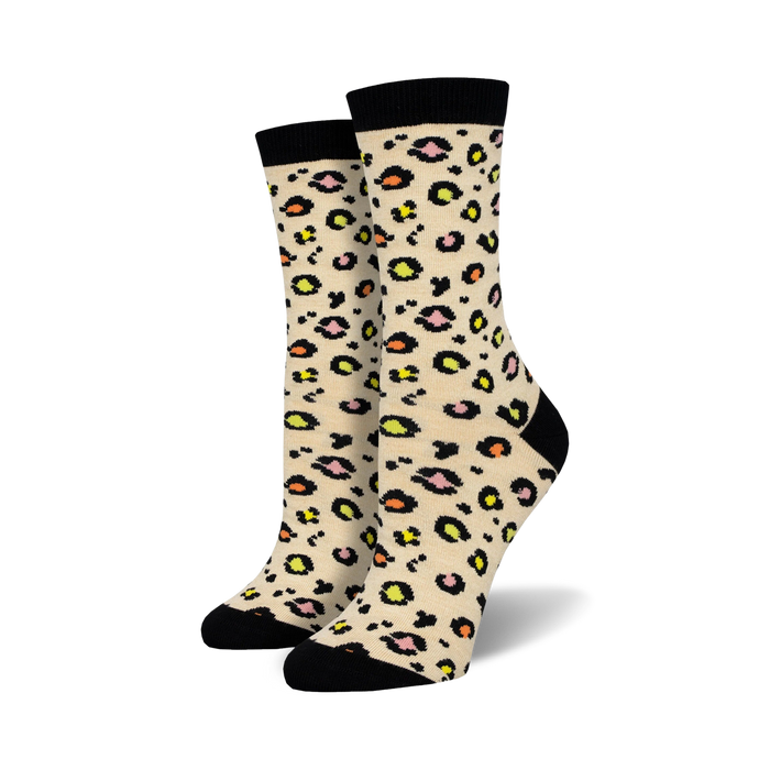 leopard print bamboo crew socks for women in light tan with black toe, heel, and top cuff  