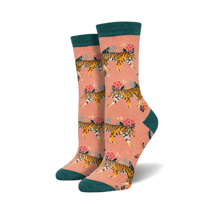 pink crew sock with orange tigers, teal leaves, pink, yellow and white flowers.  