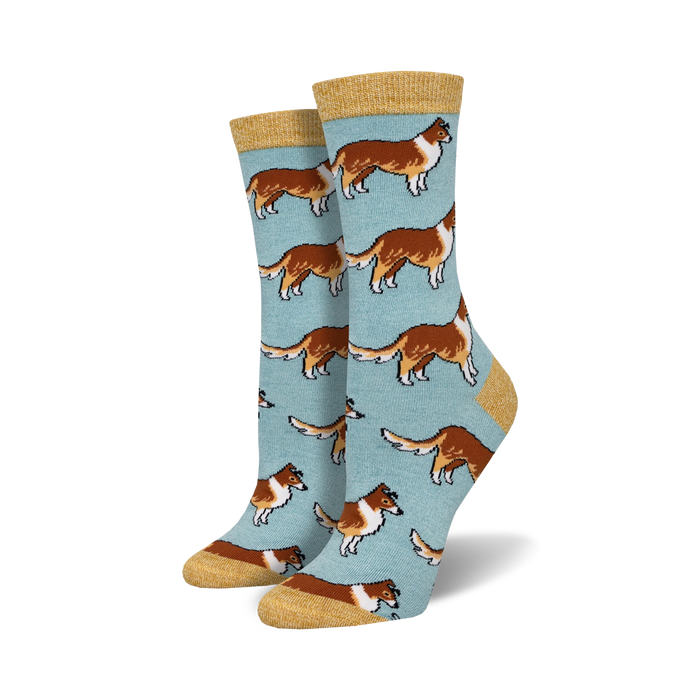 blue crew socks with a pattern of brown and white collies for women.   }}