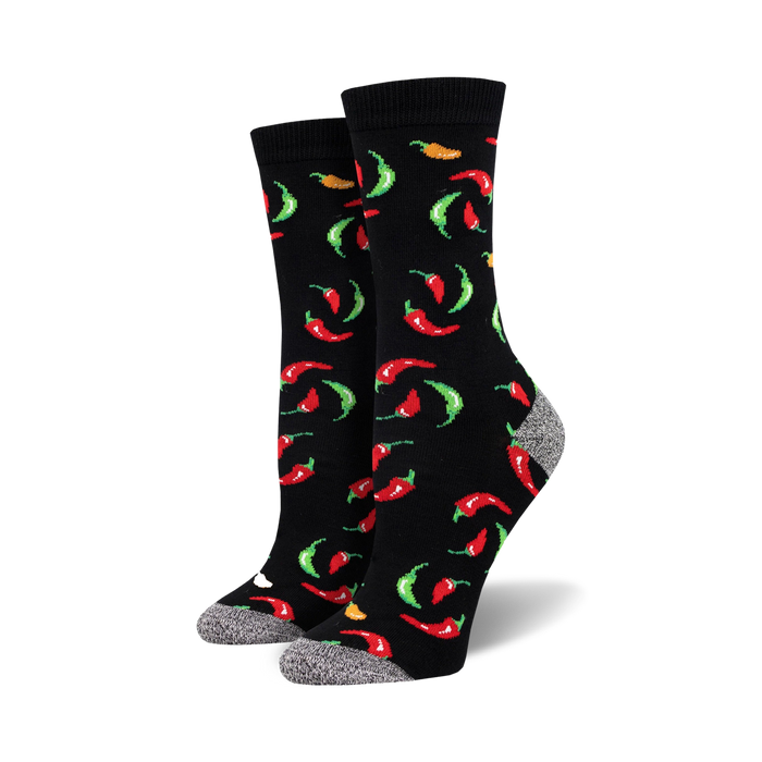 womens black crew socks with red, green and yellow chili pepper design.    }}
