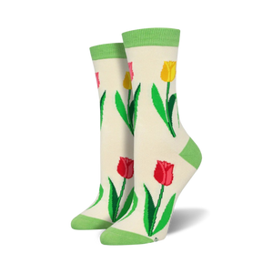 colorful tulip pattern socks in red, yellow, pink, and green. crew length bamboo socks for women.  