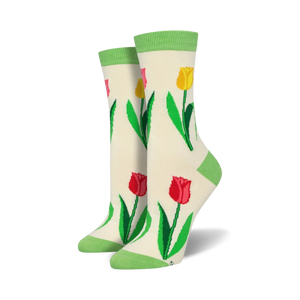 Close-up view of a pair of cream-colored Spring Tulip Bamboo socks with light green top trim.