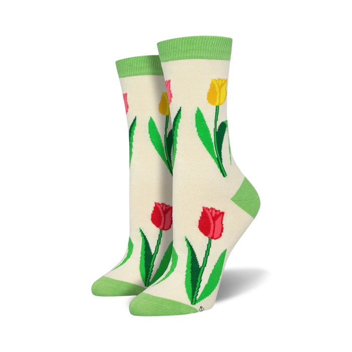 colorful tulip pattern socks in red, yellow, pink, and green. crew length bamboo socks for women.  