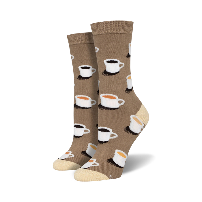 brown crew socks with white coffee cups in varying shades of brown. made with bamboo.   }}