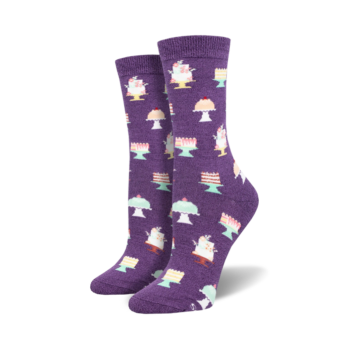 purple crew socks with cartoon cakes on white cake stands    }}