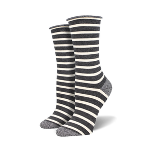 Pair of crew bamboo socks in grey and white horizontal stripes.  The socks have a subtle textured toe and heel.