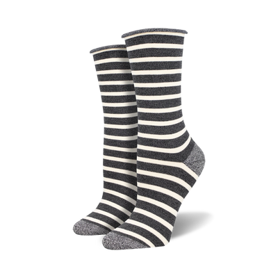 Pair of crew bamboo socks in grey and white horizontal stripes.  The socks have a subtle textured toe and heel.