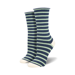 Pair of navy and light green striped bamboo crew socks with off-white heel and toe.
