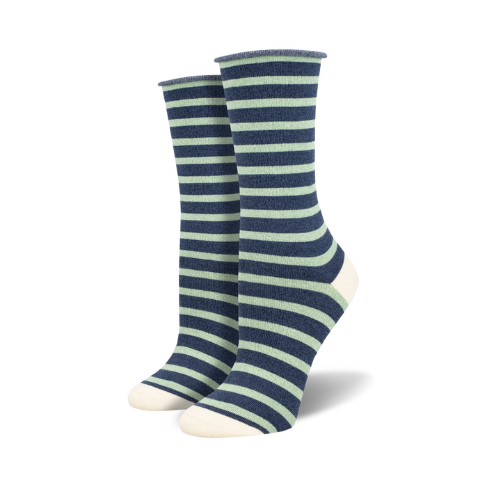 Pair of navy and light green striped bamboo crew socks with off-white heel and toe.