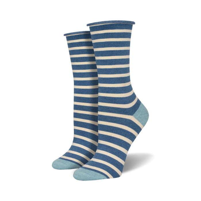 Pair of blue and white striped bamboo crew socks with light blue heel and toe.