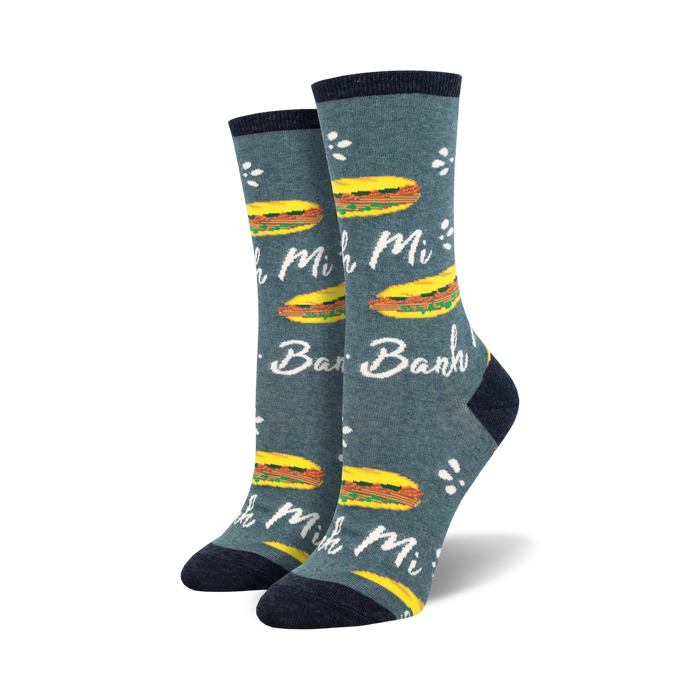 blue crew socks with an all-over pattern of cartoonish vietnamese sandwiches.    }}