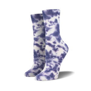 Pair of athletic crew socks in a purple tie-dye pattern on a white background.  The socks have a ribbed texture.
