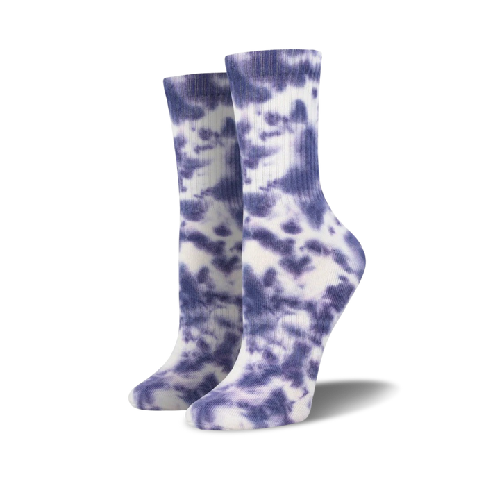 Pair of athletic crew socks in a purple tie-dye pattern on a white background.  The socks have a ribbed texture.