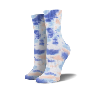 Pair of purple and peach tie-dye athletic crew socks on a white background.