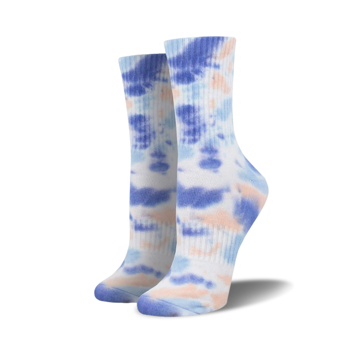 Pair of purple and peach tie-dye athletic crew socks on a white background.