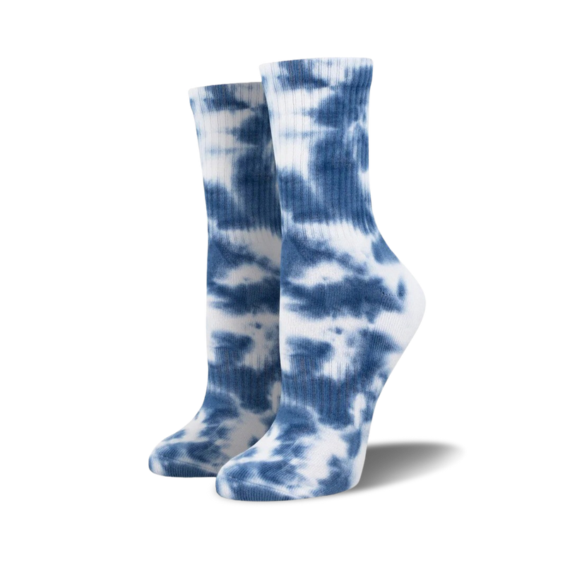 Pair of blue and white tie-dye athletic crew socks. The socks feature a swirled pattern in shades of blue against a white background.