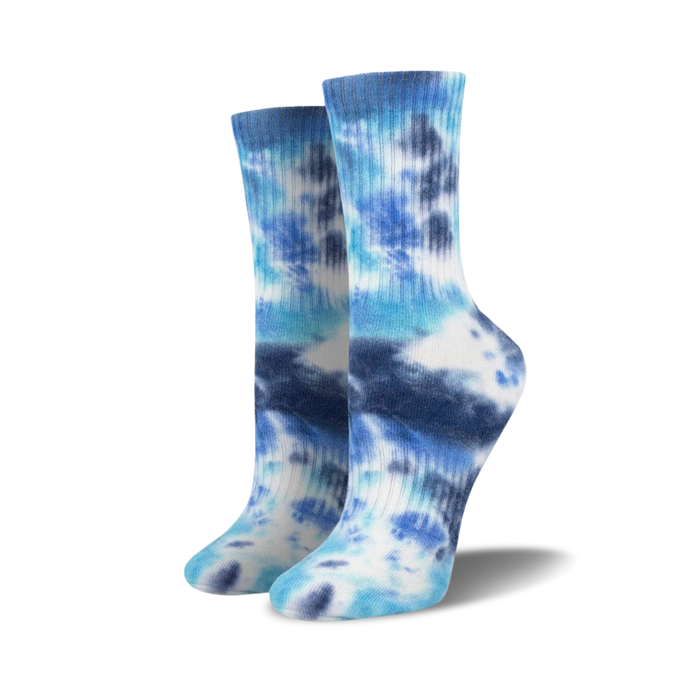 Pair of blue and white tie-dye athletic crew socks. Lighter blue shades than the main image.