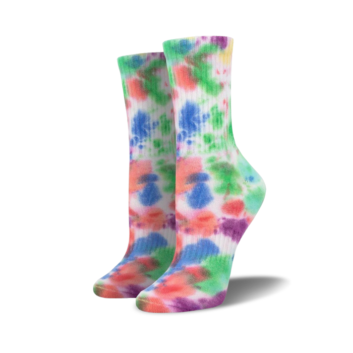 Pair of multicolored tie-dye athletic crew socks with pinks, greens, and purples on a white background.