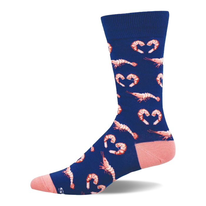 A single navy blue crew sock with a pattern of pink cooked shrimp, some forming heart shapes. Has a pink heel and toe. }}