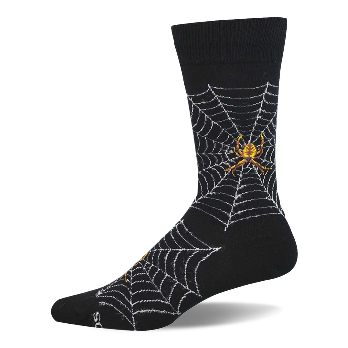 Black crew socks showing white spider webs and yellowish-brown spiders on the calf and foot. }}