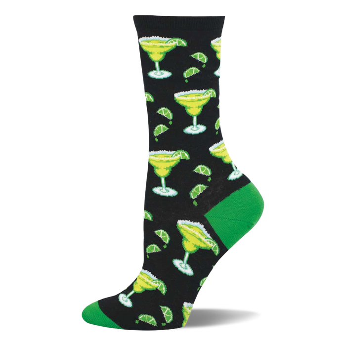 Black crew sock with bright green margarita glasses, white salt rims, lime wedges, and scattered dark green lime slices. Green heel and toe. }}