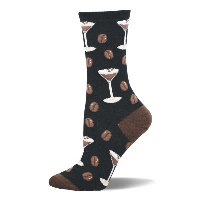 Black crew socks with a repeating pattern of white espresso martini glasses and brown coffee beans. Brown heel and toe. }}