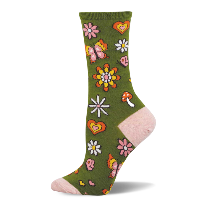An olive green crew sock with pink toe, heel, and cuff, featuring a retro pattern of daisies, butterflies, hearts, and a mushroom. }}