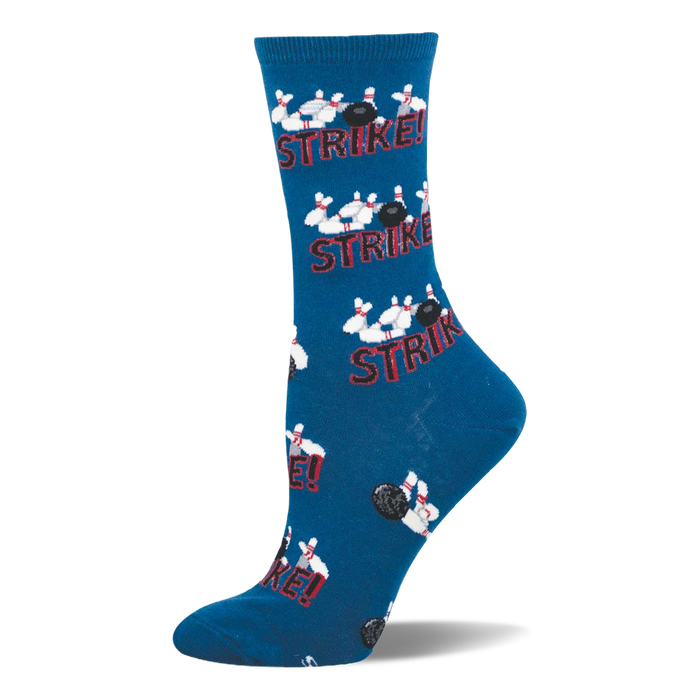 Blue crew socks with a repeating pattern of black bowling balls hitting white pins and the word