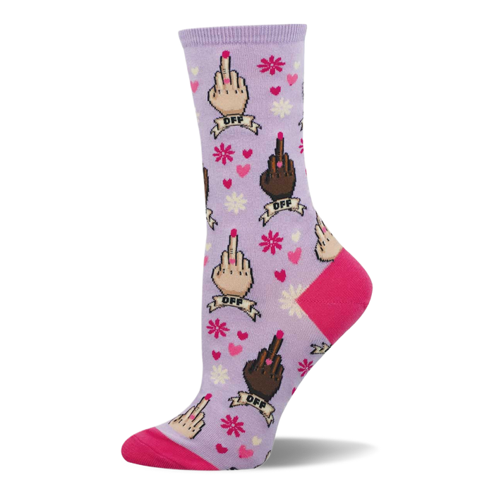 One purple crew sock with repeating middle finger gestures in multiple skin tones, pink hearts, and flowers. Bright pink heel and toe. }}
