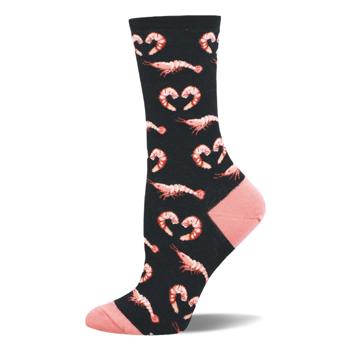 Black crew sock with repeating pattern of reddish-pink shrimp and shrimp-formed heart shapes. Features soft pink toe and heel. }}