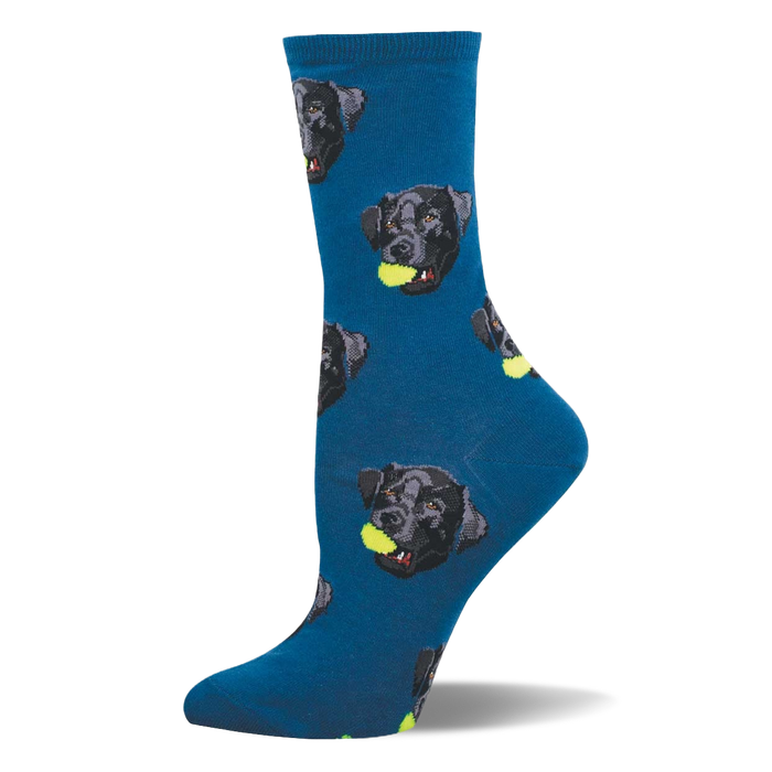 Crew sock in deep blue with a repeating pattern of black Labrador faces, each holding a yellow tennis ball in its mouth. }}