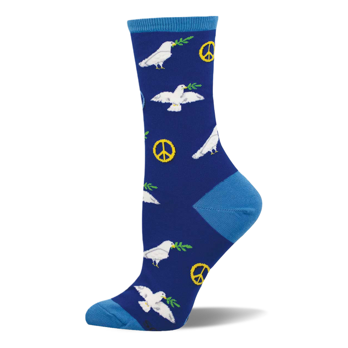 Royal blue crew sock with light blue accents, patterned with white flying doves carrying olive branches and yellow peace signs. }}