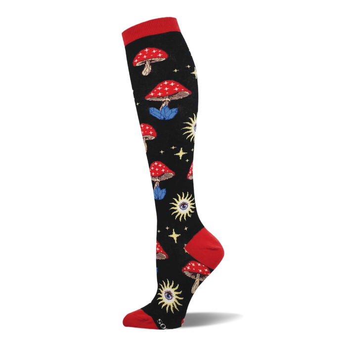 Black sock with red cuff, heel, toe. Features red mushrooms with blue crystal bases, yellow sun-eyes, and stars. }}