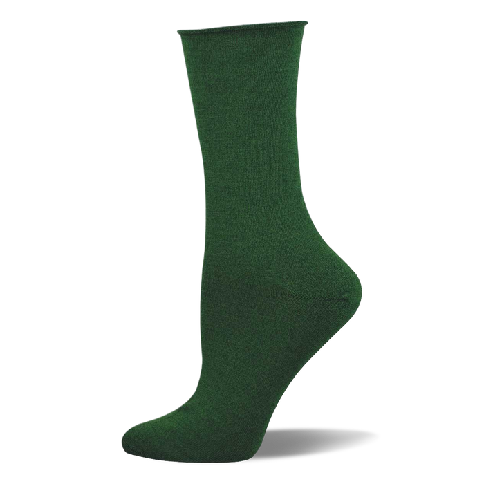 Single solid forest green bamboo crew sock on a mannequin foot, shown from the side. Smooth texture with a finished cuff.