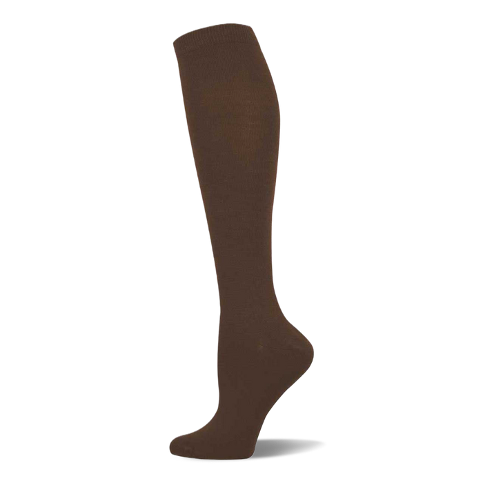 A single solid brown knee-high sock, made from bamboo material, stands upright on a white background.