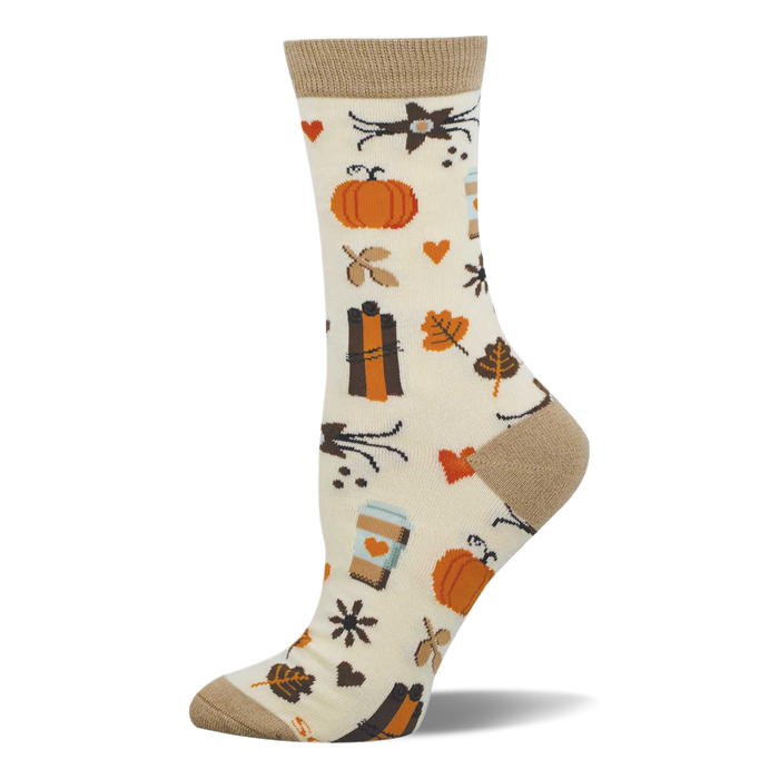 Cream crew sock with tan cuff, heel, and toe. Features a pattern of orange pumpkins, fall leaves, pumpkin spice coffee cups, and small hearts. }}